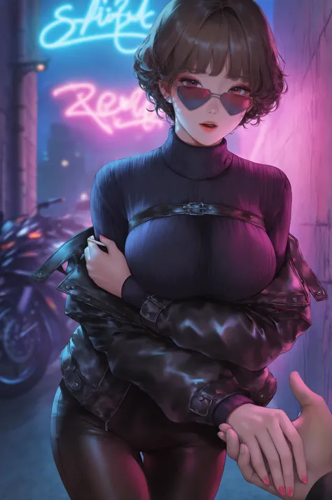 1girl,solo,breast,short hair,brown hair,red eyes,circular sunglasses,arm under breast other hand holding cigarettes,arm up,standing, stylish, shoulder skin,off shoulder, sexy,dark sweater, long sleeves,motorbikes jacket,dimly lit alleyway ,night with neon ...