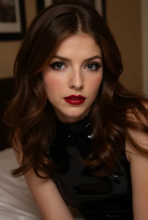 full body portrait, 21 year old woman with deep brown hair wearing deep red shiny reflective striking dramatic lip gloss, latex catsuit, eyeliner flicks, in the bedroom, dark red lips, deep red lips