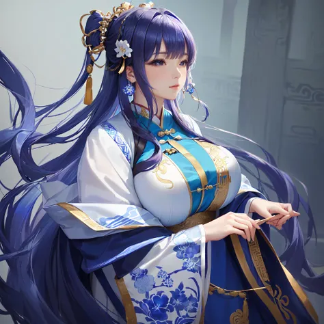 close-up of a woman in a blue and white dress, Beautiful Portraits, palace ， Girl in Hanfu,  flowing hair and a long robe ,  inspired by Wu Zuojin,  was inspired by Li Meishu, A close-up of a woman in a dress inspired by Li Tang , Chinese women, Ancient Ch...