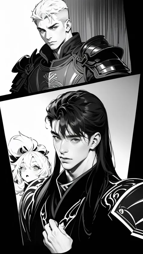 (((Masterpiece,             high resolution,             Top Quality   、 It accurately represents the face  )))、 ( Black and White、A comic where handsome men in armor make you happy in 3 scenes)