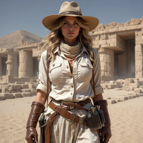 A 45-year-old woman dressed as an explorer in beige, brown, and white tones. She has light brown hair with blonde highlights, medium-length wavy hair. She has a curvy figure, not slim, around 1.65 meters tall, well-proportioned. She is wearing a wide-brimm...