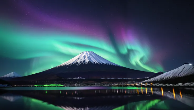 in ultra high quality, high definition , High Quality ,Spectacular views,(とてもThe giant Mt. Fuji up),A huge and realistic aurora dance that dazzles the night sky and covers the entire sky, sky full of stars,(The giant Mt. Fuji up),(Aurora shining brightly ...