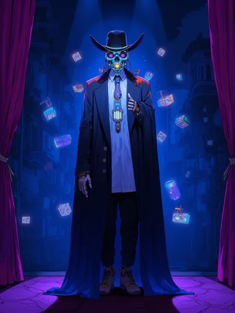  Diamond City magician Oswald , appearance of a human being, a mysterious and fantastic atmosphere , , cape and coat , silk hat, white shirt ,gloves, accessories reminiscent of a wizard ,backlit,Ultra Realistic Composition,surreal style,neo-surrealism with...