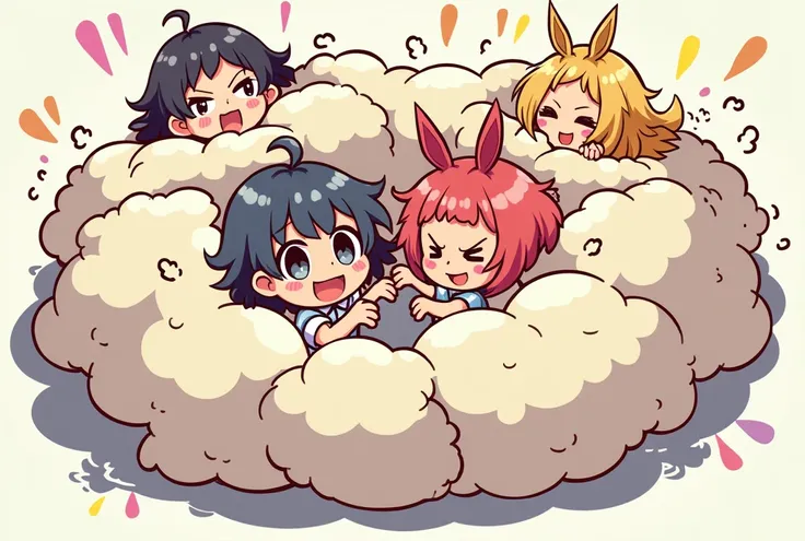 An anime-style illustration depicting many youkai-girls playfully wrestling with each other inside a comical fight cloud.
each youkai-girl has different colored hair.
their faces,hands,and feet are visible emerging from the cloud as they tussle humorously,...