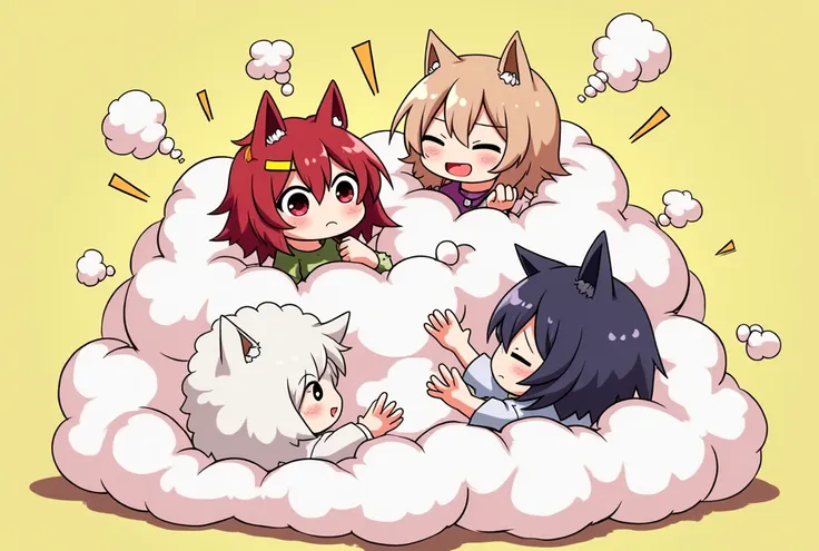 An anime-style illustration depicting many youkai-girls playfully wrestling with each other inside a comical fight cloud.
each youkai-girl has different colored hair.
their faces,hands,and feet are visible emerging from the cloud as they tussle humorously,...