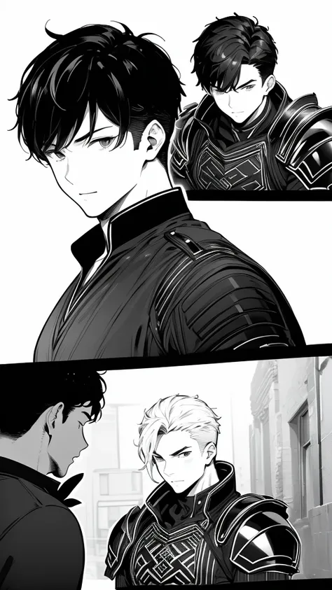 (((Masterpiece,             high resolution,             Top Quality   、 It accurately represents the face  )))、 ( Black and White、A comic where handsome men in armor make you happy in 3 scenes)