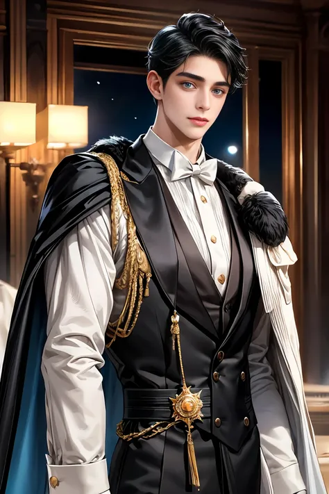 
Masterpiece, 最 High Quality ,  High Quality ,  1 boy at night, Alone,  focuses on men,  staring at the audience ,  Dirty black hair,   adorable big blue eyes , white, Noble, Noble, sexy voluminous cape 、 tuxedo、、A  very voluminous  red and black cape with...