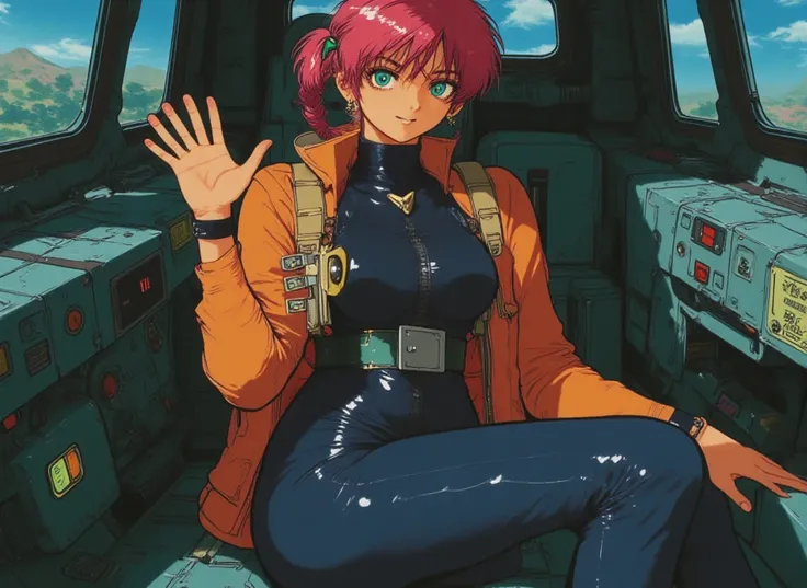  Mobile Suit Gundam The Witch of Mercury, These are very short, red curly bangs that are red and rise above the eyebrows, This is braided side hair, sleeveless black glossy bodysuit, A jacket with short sleeves and an open zipper,  full body picture ,  Gun...