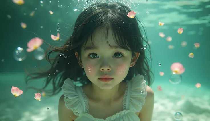 (1girl:1.1),stars in the eyes,(pure girl:1.1),(full body:0.6),There are many scattered luminous petals,bubble,contour deepening,white_background,cinematic angle,underwater,adhesion,green theme,