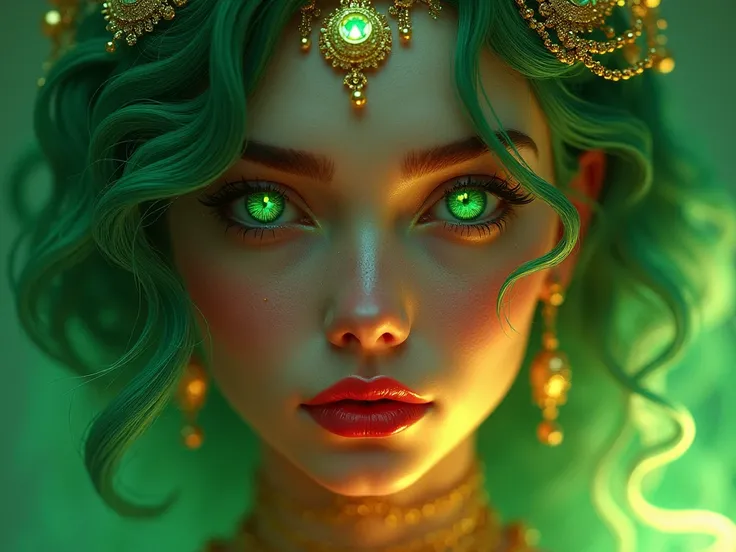 (( best quality )), (( masterpiece )), (detailed),   perfect face ,  perfect body ,  elegant and luxurious, goddess, red full lips,   neon green eyes , 
  neon green wavy hair, mystical,  magical powers , Light, Glitter, shine, , gold jewelry ,  realistic ...