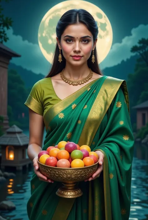 a woman in a green dress holding a green white red bundhe tratai in her hand with a full moon behind her and a full moon behind her, Fan Qi, fantasy art, fantasy artwork, digital art