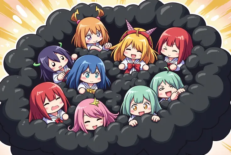 An anime-style illustration depicting many youkai-girls playfully wrestling with each other inside a black comical fight cloud.
each youkai-girl has different colored hair.
their faces,hands,and feet are visible emerging from the cloud as they tussle humor...