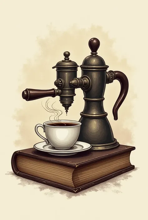 Strong Coffee logo in photo have old machine espresso withe cup and old book