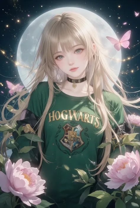 Golden-haired girl(Leave long hair without bangs)( jewel-like blue eyes, )There's this peony in pink (Put on the Hogwarts School Green Snake House Shirt) sparkling on the back, there is a moon and fireflies flying around the atmosphere at night, there is a...