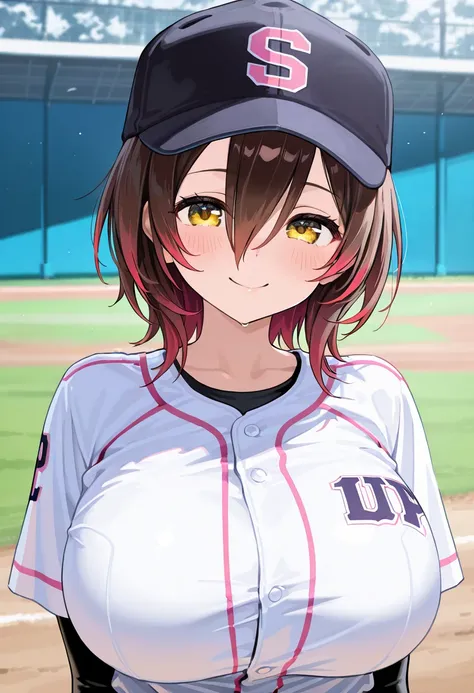 ( best quality  , 8k , masterpiece , incredibly absurdres , beautiful woman , perfect body , super detailed skin , highly detailed eyes and face ) , 1 person , roboco , original hair color ,  brown hair  , smile ,  will be happy , (  baseball uniform,  bas...