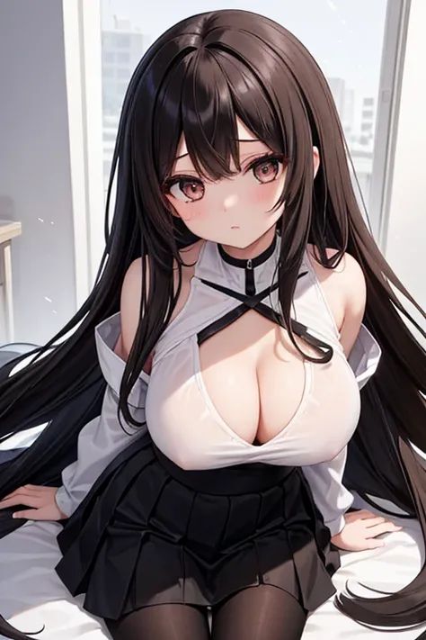 (( tell me about 1 beautiful girl: 1.5,  best quality : 1.5,  perfect anatomy: 1.1,  perfect face: 1.1,  long straight hair: 1.2,  brown: 1.2,   close-up photo of a Korean skinny girl  : 1.1,  tight blouse : 1.1,  big breasts: 1.1)),  ties,  choker,  black...