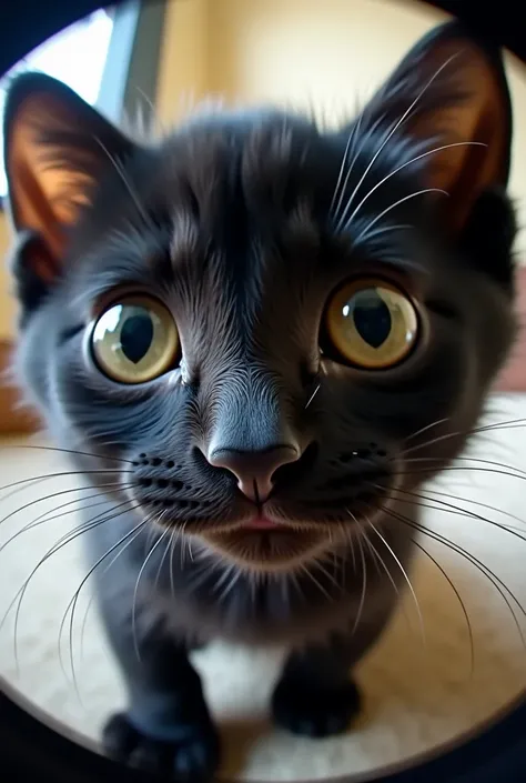 Live view of a black kitten's face seen through a fisheye lens