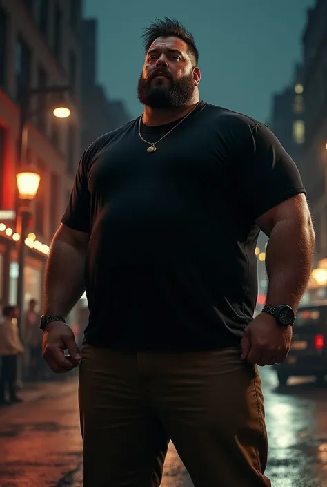 A burly bodied man with thin hair side-bearded in a black shirt of brown trousers stands in pompous style on the streets of the city at night