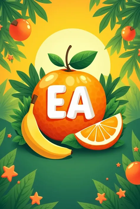 A logo with tangerine and bananas with a green and orange background with the initials EA 