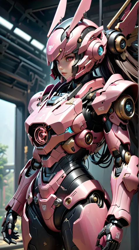 (( best quality )),( super high definition),( very detailed),(  Detailed Help ),(( best CG )),(Masterpiece),High Definition Art,( fine detail art:1.5),  Female Robot ,  the flow of energy flowing through transparent parts,  cute headgear , pink body, Rabbi...