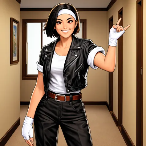 1 Girl, solo, voluptuous, black hair, short hair, unibrow, red eye, big eyes, (tsurime:0.8), brown skin, smiles showing white teeth, ((black jacket with rolled up sleeves)), open jacket, fingerless gloves, white t-shirt, ((white headband)), black pants, wh...