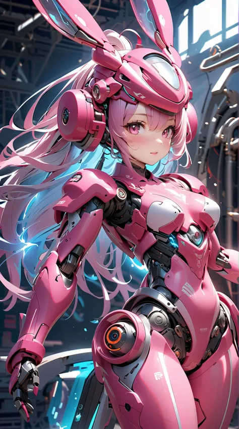 (( best quality )),( super high definition),( very detailed),(  Detailed Help ),(( best CG )),(Masterpiece),High Definition Art,( fine detail art:1.5),  Female Robot ,  the flow of energy flowing through transparent parts,  cute headgear , pink body, Rabbi...