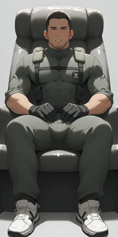 anime characters：Chris Redfield, whole body, In a clean and tidy bedroom, Sit on an upscale sofa massage chair, The top is all meat pads, It has lots of milky white mucus on it, He grits his teeth, He's wearing a grey maintenance worker's suit, Wear a blac...