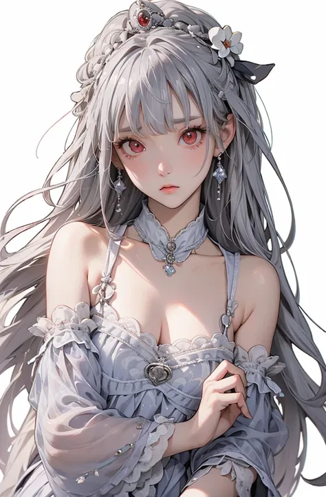  little character 、 10 talents、 gray hair long、   red eye、   princess、    with super long bangs in anime style、Cute Swimsuit、((  uneasy expression)).I'm holding a soccer ball 、