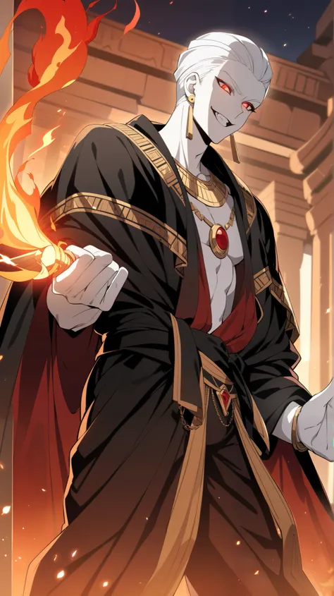 
Pharoah, Handsome, pale white skin, short slicked back white hair. Glowing red demon Eyes, Egyptian Black Velvet Robes, Gold Embroidered Black velvet Egyptian pants. Wears a gold chained glowing Ruby circular Egyptian amulet. Has gold rings. Long ruby ear...