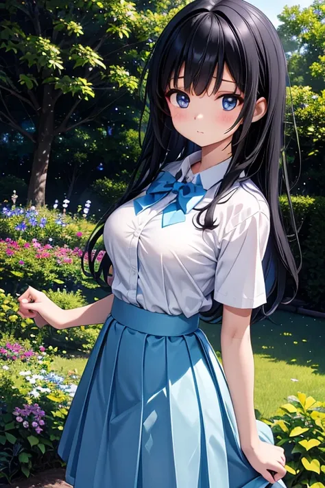  girl , student, Age 15,  wearing a uniform,  Light Blue Skirt ,  long skirt, Small Bow, Small Bow, garden, nature, nature garden, Anime, Anime movie、 big breasted 、 Long black hair and 、 long black hair , big breasts、