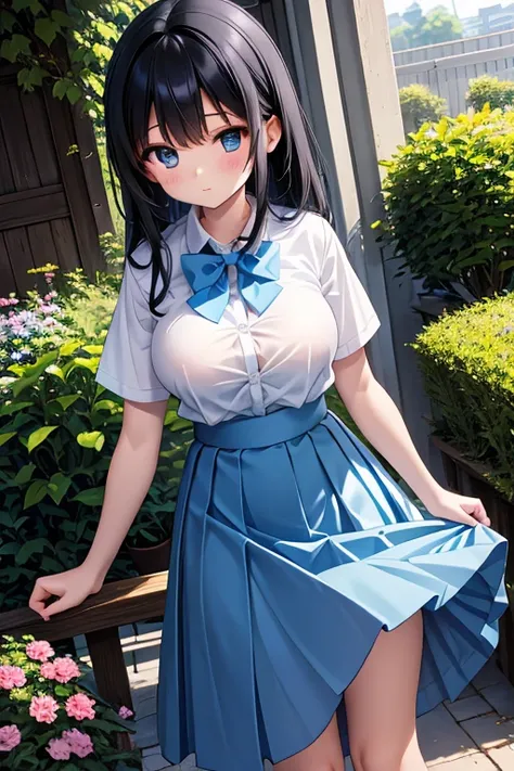  girl , student, Age 15,  wearing a uniform,  Light Blue Skirt ,  long skirt, Small Bow, Small Bow, garden, nature, nature garden, Anime, Anime movie、 big breasted 、 Long black hair and 、 long black hair , big breasts、