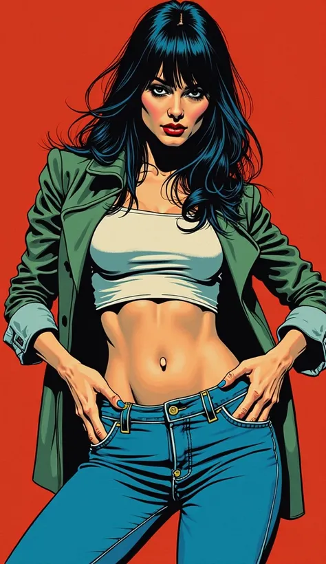 vintage masterpiece,70s comics aesthetics, vintage, desperately touches her crotch:1.3, unbuttoned jeans,sexual tension,retro atmosphere, deep blue, straight hair, simple image