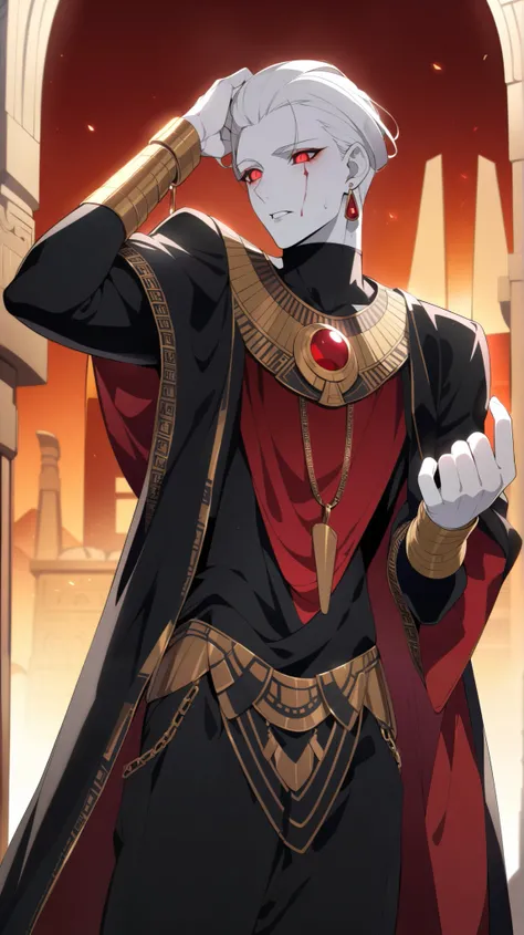 
Pharoah, Handsome, pale white skin, short slicked back white hair. Glowing red demon Eyes, Egyptian Black Velvet Robes, Gold Embroidered Black velvet Egyptian pants. Wears a gold chained glowing Ruby circular Egyptian amulet. Has gold rings. Long ruby ear...