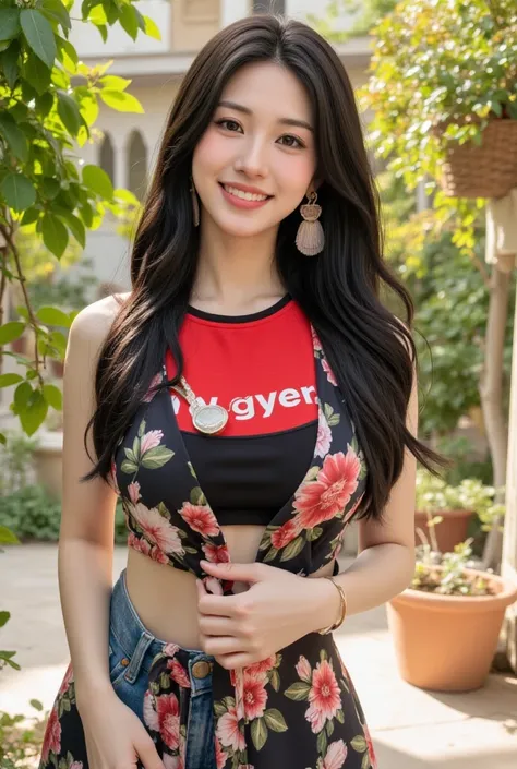 The American girl is very pretty  ,   she has a smiling face and she is very cute and sexy.  ,  Long hair, smooth, smooth ,   She is wearing blue jeans and a red black shirt and a dress of flowers.