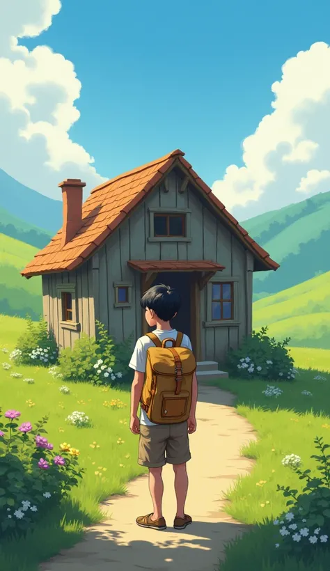 Nam standing in front of a small countryside house, holding a backpack.