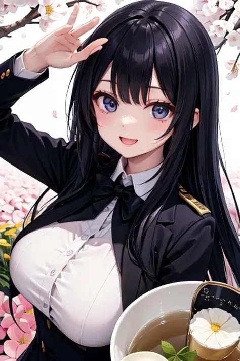 （Beautiful sister:1.3）、Happy face, spring vibe、 in a suit、Salute、noon、 tea hair、 long black hair , big breasts、