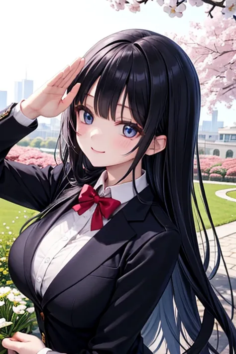 （Beautiful sister:1.3）、Happy face, spring vibe、 in a suit、Salute、noon、 tea hair、 long black hair , big breasts、