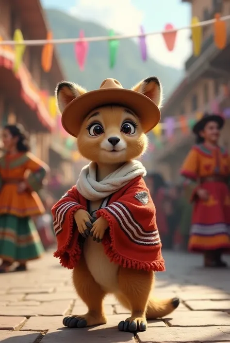 Stablish a baby human cangaroo faced wearing a traditional poncho and a chullo on his head walking on the main square of cusco watching the festive dancers with many colorfull clothes with a white scarf around his neck