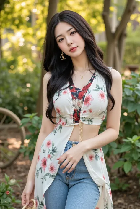 The American girl is very pretty  ,   she has a smiling face and she is very cute and sexy.  ,  Long hair, smooth, smooth ,   She is wearing blue jeans and a red black shirt and a dress of flowers.