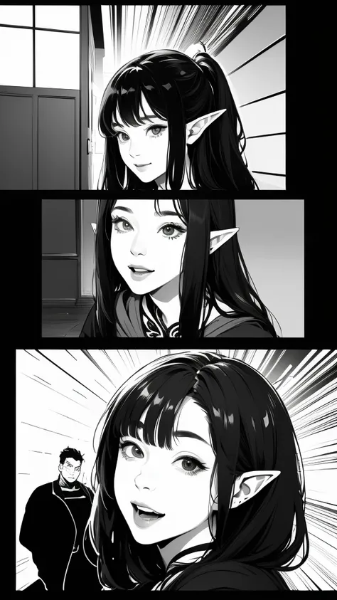 (((Masterpiece,             high resolution,             Top Quality   、 It accurately represents the face  )))、 ( Black and White、A comic where elves make you happy in 3 scenes)