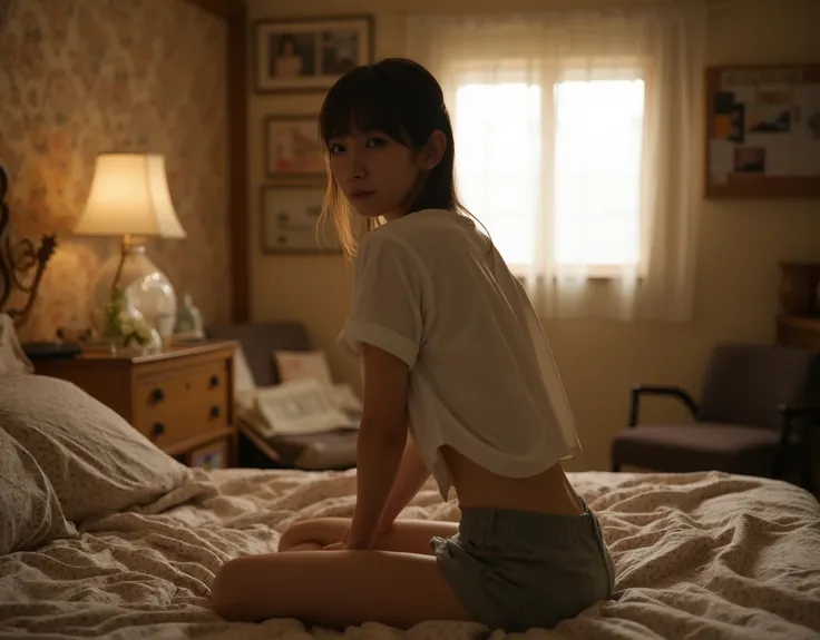 (((  Side Shot 、Biologically correct images、     and stare at the camera  :1.22,    on all foursKneeling、,  loose white t-shirt 、 short shorts　) short hair 、 shortcuts、 Dark Room、 indirect lighting、Warm colors、 bedroom Asian woman lying on the bed, Nara Yo...