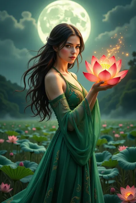 a woman in a green dress holding a green white red fire lotus flower in her hand with a full moon behind her and a full moon behind her, Fan Qi, fantasy art, fantasy artwork, digital art