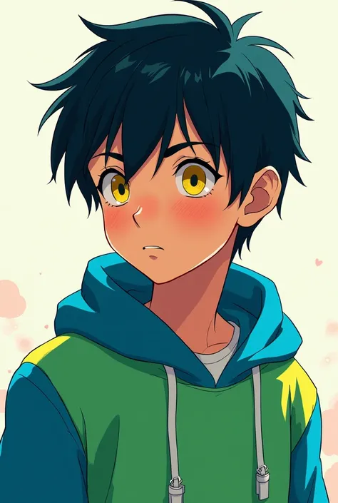 Anime boy
Age: 15
Skin color: Wheatish
Hair: Short and black
Eyes: Yellow
Clothes are green and blue