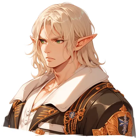 1man. Handsome male. Male elf. slightly pale. Platinum-Blonde hair. Long hair. Elf ears. Royal attire. mysterious expression. Green eyes. curly hair. Militar clothes. looking forward. Simple background.