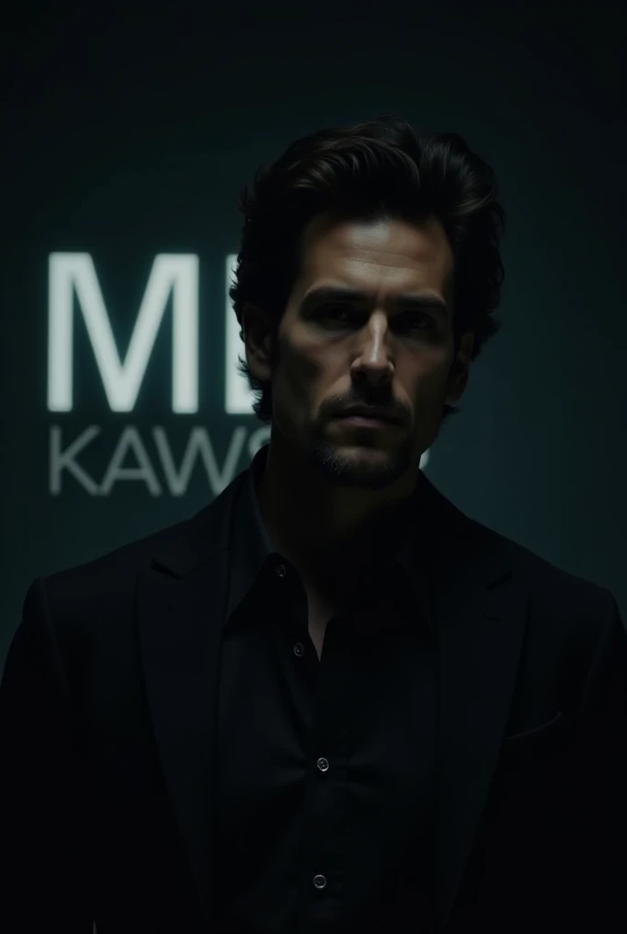 The lighting should be dramatic, focusing on his handsome face with a light stubble, giving him a rugged look. Most of the room is enveloped in deep shadows, enhancing the dark, cinematic atmosphere. His body should be captured from the chest up, with his ...