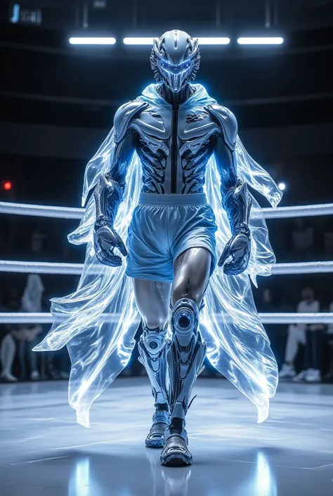 An innovative, futuristic boxer walking with fluidity, their light blue gloves and shorts displaying intricate wave patterns. Their translucent cape mimics flowing water, moving gracefully as they step. The sleek boxing ring ahead glows with holographic li...