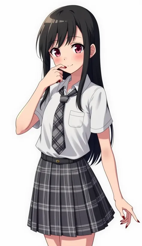  Japanese anime adolescent woman with long straight black hair and intense magenta eyes and red nails and wears a short sleeve white shirt with a tie with a checkered design similar to that of the previous skirt, with gray and white tones in a tartan patte...