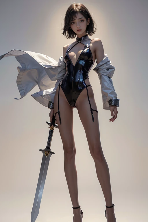 (NSdebtW), 1 debtemale, Alone, 18 years old, 7 heads, (cute debtace), (  ideal body proportions), length , chest debtantasy, magic edebtdebtect, (()),  Holding a Great Sword , , Strong winds,  The costume is crystal clear,  wet,  short hair while on a busi...