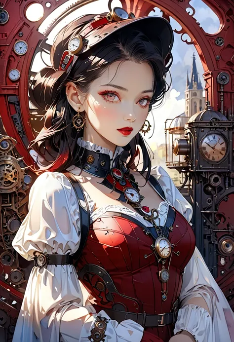 A world where everything is red crimson, a beautiful woman dressed in a dress and behaving gracefully and elegantly, a Romanesque dress, a Romanesque worldview, wonderland, various effects. 
fusion of clockpunk, steampunk and dieselpunk. 
fusion of waterco...