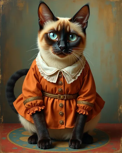 (Expressionist art style: 1.3)(Carl Larsson style painting: 1.3)(Mark Ryden style 1.2)  A Siamese shapeshifter cat dressed as Frida Khalo. Skirt,blouse.3d rendering, 35mm focal length, cast, blush, long eyelashes